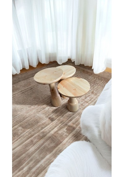 Wood Ahşap 3 Lü Set Mantar Yan Sehpa Boğumlu Model / Naturel Renk