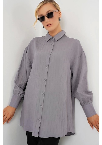 Defymoda Çizgili Uzun Gömlek Tunik 5963 - Gri Gri