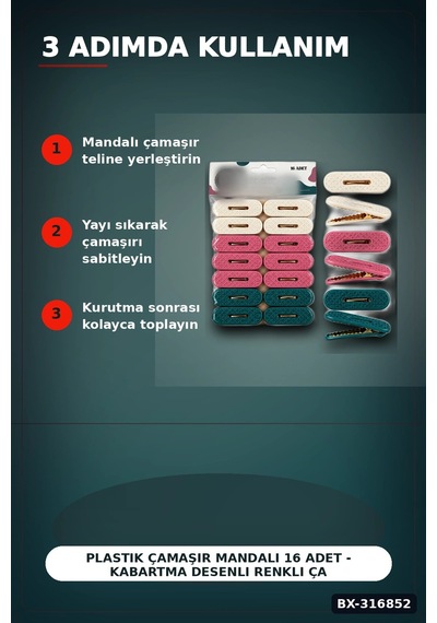 Plastik Çamaşır Mandalı 16 Adet - Kabartma Desenli Renkli Çamaşır Mandalı Bx-316852 Çok Renkli