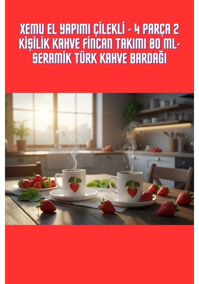 El Yapımı Çilekli - 4 Parça 2 Kişilik Kahve Fincan Takımı 80 Ml- Seramik Türk Kahve Bardağı Diğer