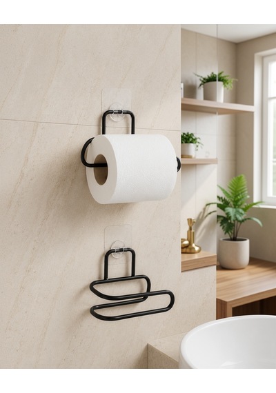 2'li Siyah Metal Yapışkanlı Duvar Tipi Rulo Kağıtlık Uczzdlynpltwcaskısı-1 Çok Renkli