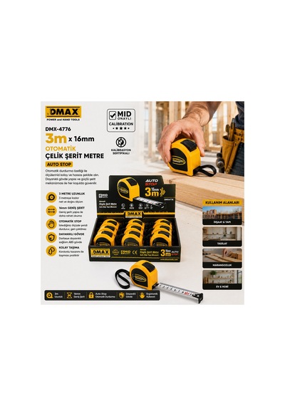 12 Adet 3mt X 16mm Otomatik Çelik Şerit Metre Stoplu 1 M