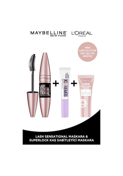 Maybelline New York Lash Sensational Maskara + Super Lock Kaş Sabitleyici & Glotion 903