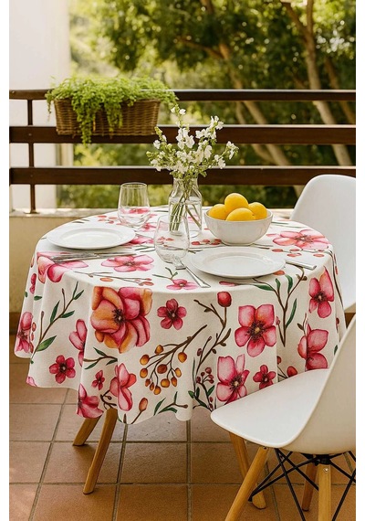 Yuvarlak Çiçek Desenli Duck Kumaş Masa Örtüsü 150x150 Cm Çok Renkli