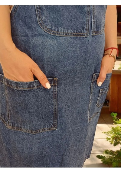 Kot Kumaş Boyundan Askılı Çok Cepli Mutfak Önlüğü Mavi M