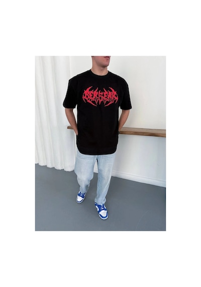 Erkek Kısa Kol Yazlık Tişört Bisiklet Yaka Baskılı Oversize T-shirt - Siyah