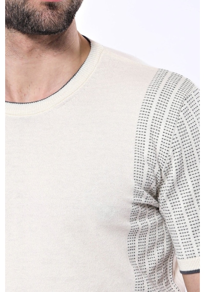Yake Store Bisiklet Yaka Kenarları Desenli Krem Örme T-shirt Wessi - Krem Beyaz