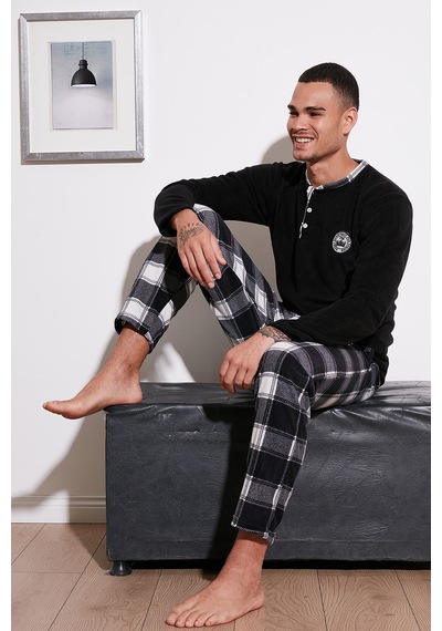 Buratti Ekose Regular Fit Bisiklet Yaka Kışlık Polar Erkek Pijama Takımı 609610013W4 Siyah-Beyaz