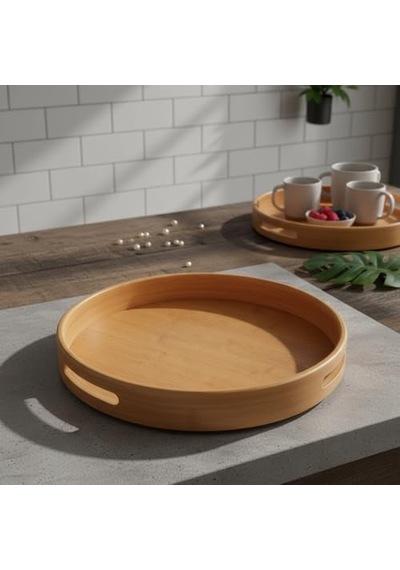 Ayrex Taşıma Kulplu Yuvarlak Bambu Tepsi 30 Cm Doğal Ahşap Servis Tepsisi Kahve, Kahvaltı Ve Dekoratif Masaü