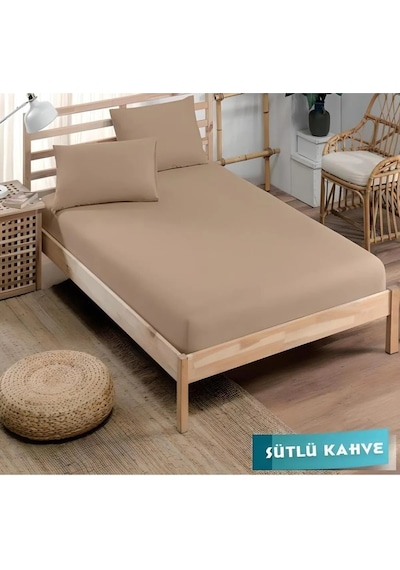 Pamuklu Ranforce Kumaş Lastikli Fitted Yastıklı Çarşaf Seti Battal Boy Sütlü Kahve