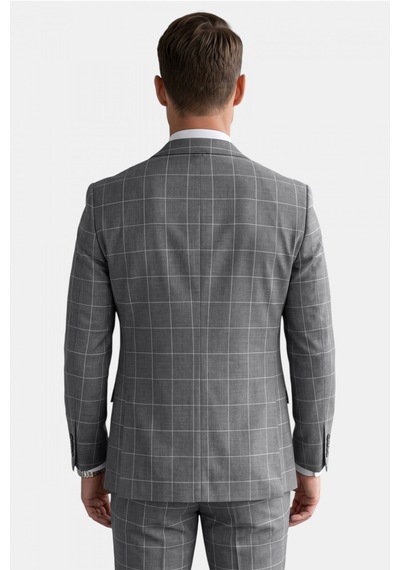 Rizzup Erkek Koyu Gri Slim Fit 3 Lü Takım Elbise Yelekli Ekose Desenli Çift Düğme Takım Elbise 2600501
