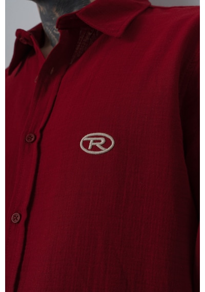 Respire Erkek R Nakışlı Uzun Kollu Müslin Oversize Gömlek Bordo