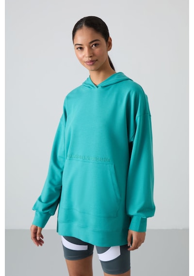 Tommy Life Deniz Yeşili Balon Kol Yazı Nakışlı Kadın Oversize Tunik Sweatshirt - 97163 Yeşil