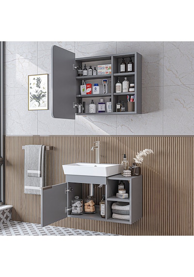 Likya Mdflam Lavabolu Banyo Dolabı Takımı, Tek Kapaklı 72 Cm Lavabolu Banyo Alt Dolabı + Üst Dolabı Kül Gri Likya Mdflam Lavabolu Banyo Dolabı Takımı, Tek Kapaklı 72 Cm Lavabolu Banyo Alt Dolabı + Üst Dolabı Kül Gri