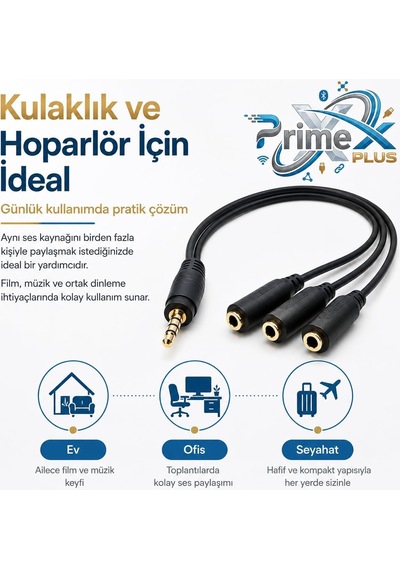 Primex Px-3aux 3 Lü Stereo Çoklayıcı, 3.5 Mm Aux Jak Splitter Kablo, 1 Erkek Giriş 3 Dişi Çıkış, Kulaklık Hoparlör Telefon Pc Araç Ses Paylaşım Adaptörü