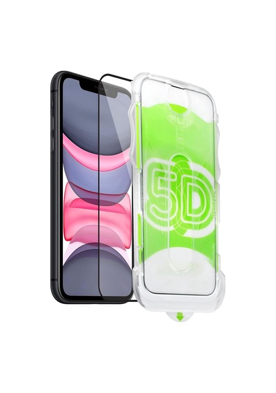 İphone 11-xr Uyumlu Kolay Uygulama Aparatlı Siyah Çerçeveli Tam Kapatan Cam Ekran Koruyucu