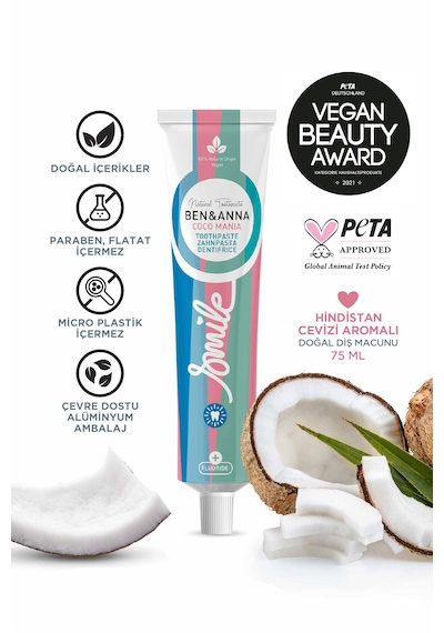 Ben & Anna Vegan Doğal Diş Macunu 2 Li Set Aktif Karbon + Hindistan Cevizi Aromalı Florürlü Diş Minesi Bakımı