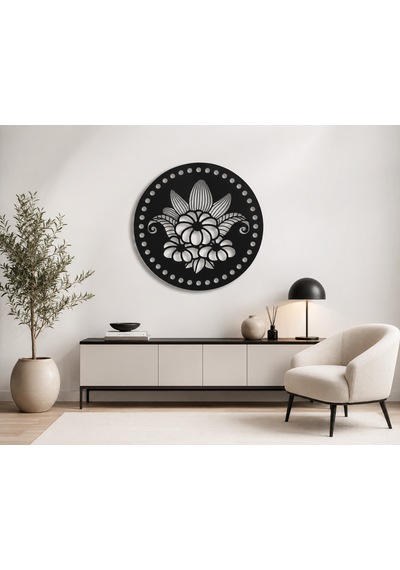 Yuvarlak Çiçek Desenli Duvar Dekoru 6 Mm Siyah Mdf Lazer Kesim Modern Duvar Süsü 50x50 Cm