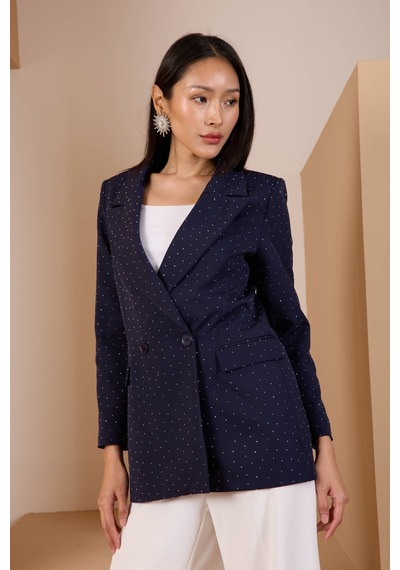 Lacivert Regular Dokuma Astarlı Taş Detaylı Blazer Ceket Lacivert