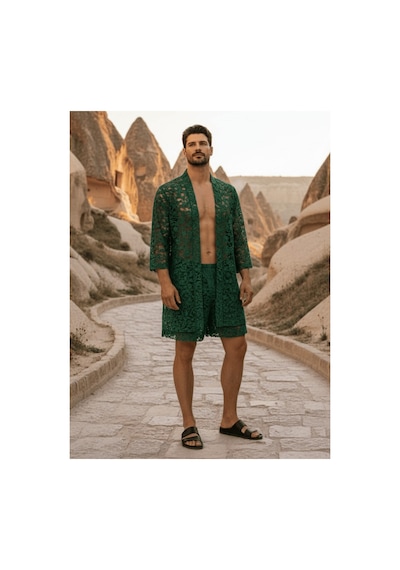 Qmen Style Erkek Kimono Takımı 3 Lü Dantel Set Bornoz + Pantolon + Şort Yeşil