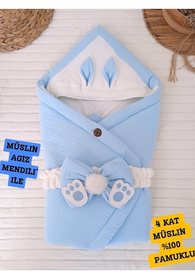 4 Kat Müslin Kiremit Bebek Battaniyesi %100 Pamuklu Doğal Organik Uyku Kundağı Hastane Çıkışı Mavi