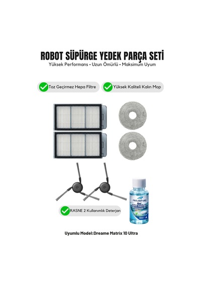 Dreame Matrix 10 Ultra İle Uyumlu 2 Yan Fırça 2 Filtre 2 Mop 1 Deterjan 1.0