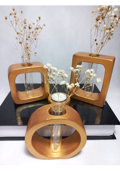 Modern Sanat Esintili, Dikdörtgen-kare-yuvarlak Formlu, Cam Tüplü Dekoratif 3'lü Vazo Set Gold