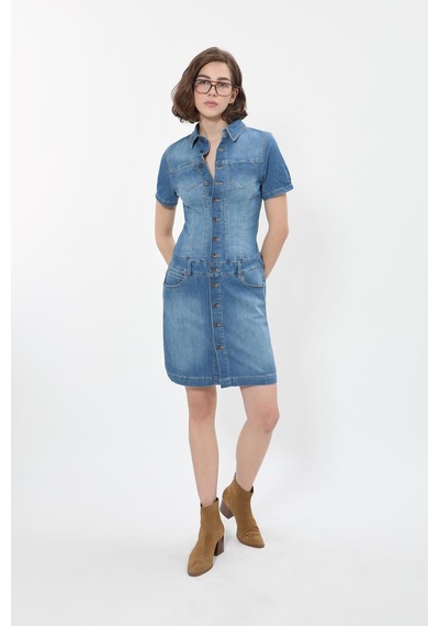 Banny Jeans Kadın Boydan Düğmeli Jean Elbise Mavi