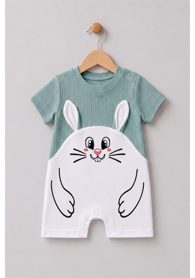 Babyden's Tavşan Baskılı Şortlu Erkek Bebek Tulum %100 Pamuk Yazlık Kısa Kollu Çıtçıtlı Yenidoğan Bebek Tulumu 0-9 Ay Açık Haki