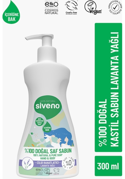 Siveno %100 Doğal Sıvı Kastil Sabun Lavanta Yağlı Cildi Rahatlatıcı Nemlendirici Bitkisel Vegan 300 ML