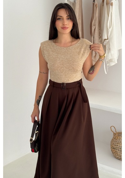 Noa & Noa Kadın Pileli Kemerli Maxi Vatkalı Premium Elbise Zarif & Duru Stil Kahverengi Noa & Noa Kadın Pileli Kemerli Maxi Vatkalı Premium Elbise Zarif & Duru Stil Kahverengi