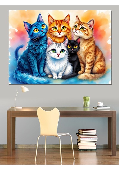 Renkli Gözlü Kedi Ailesi Dekoratif Kanvas - Mdf Ahşap Tablo