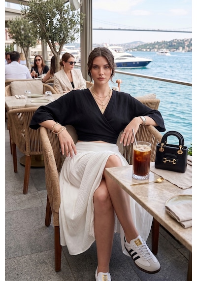 Lela Pamuklu Regular Fit Bağlamalı Crop Kimono Bayan Kimono 668yl2783 Siyah