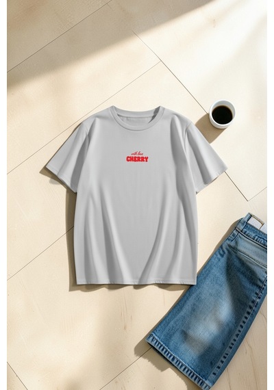 Uyguntarz Unisex With Love Cherry Baskılı Tasarım Oversize Tişört Gri