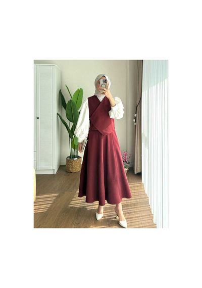 Fi-ma Asimetrik Cepli Etek Yelek Takım bordo