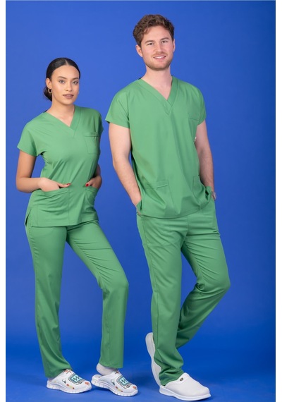 Tek Üst Unisex Kalıp Fıstık Yeşili Likralı Hemşire / Doktor Forması Scrubs Yeşil
