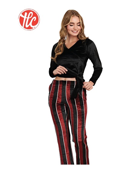 Gd Goldoremi 89-519 Kadın Kadife Yandan Bağlamalı Çizgili Uzun Kollu Pijama Takım Bordo