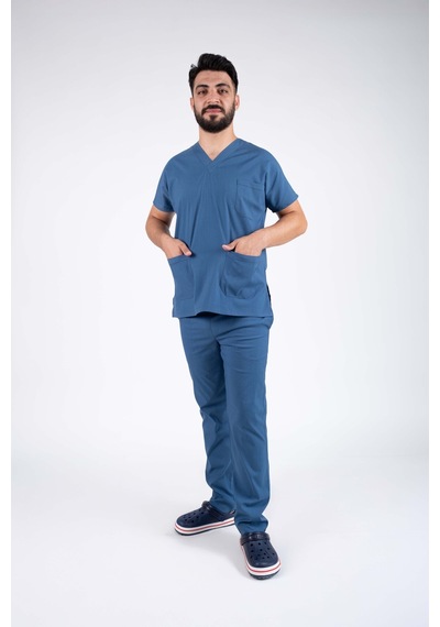 İndigo Mavi Likralı Erkek Hemşire Ve Doktor Forması Takımı Scrubs Hastane Üniforması