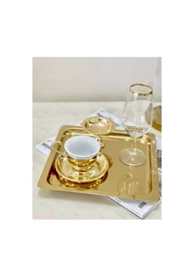 Lüx Paslanmaz Çelik Kare 6'li Gold Kahve, Çay, Nişan, Söz, Dekoratif Sunum Servis Tepsisi Çok Renkli