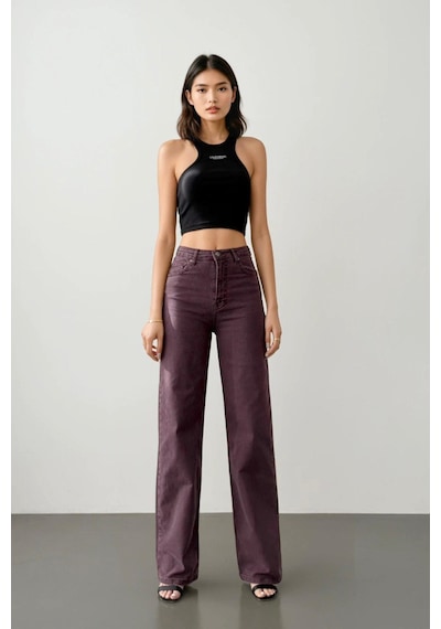 Lacarino 7869 Wide Leg Kadın Gül Baskılı Jean Pantolon Bordo