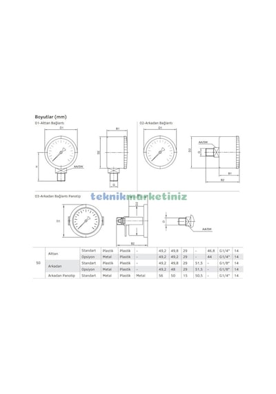 50MM -760/0 MMhg ALTtan Çıkışlı G1/4" Kurutip VakuMMetre Pakkens