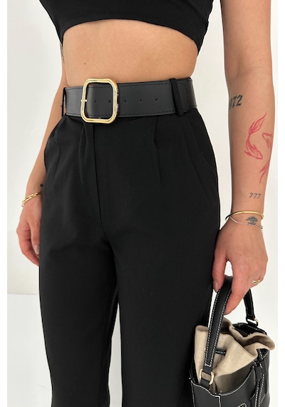 Pileli Yüksek Bel Kemerli Kumaş Pantolon Elegant siyah