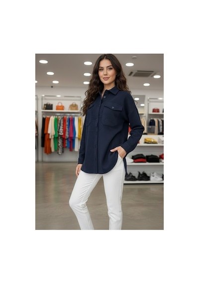 Polologin Butik Oversize Fit Lacivert Mevsimlik Shacket Gömlek Lacivert