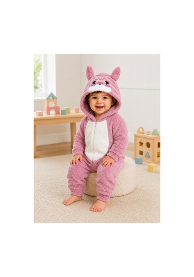 Tatlı Ayıcık Desenli Welsoft Peluş Kapüşonlu Fermuarlı Kışlık Unisex Bebek Tulumu 40197 Pembe
