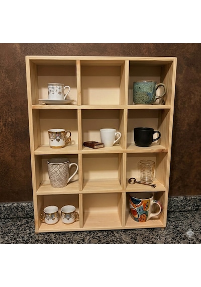 Kupa Rafı Kahve Köşesi Doğal Ahşap 16 Bölmeli 11x11 Cm Kupa Rafı Diğer