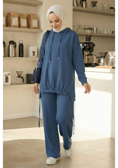 Bestenur Kapüşonlu Tunik Pantolon Takım 1682 - İndigo İndigo