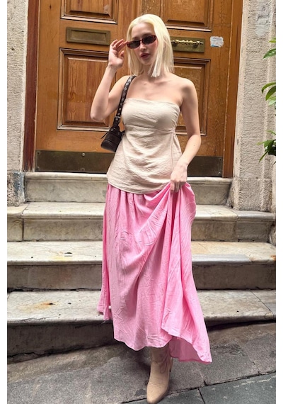 Madmext Pembe Vual Kumaş Basic Kadın Uzun Boy Kadın Etek Mg2366 Pembe