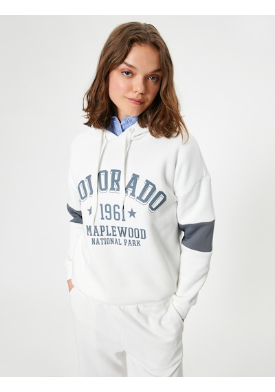 Koton Oversize Kolej Baskılı Sweatshirt Kapüşonlu Renk Bloklu Ekru 5wal10016ık Ekru