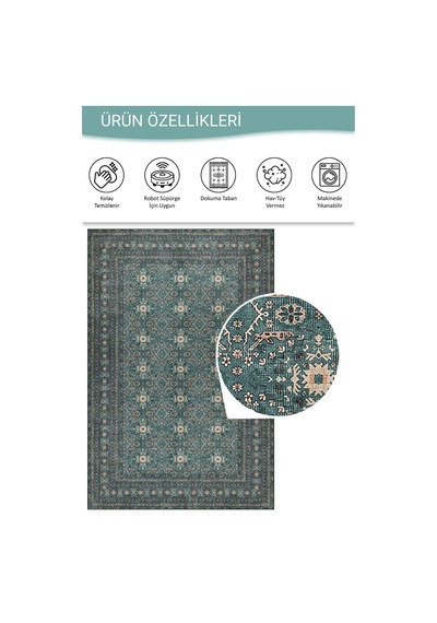 Artloop Relic Yeşil Vintage Dokulu Geleneksel Desenli Dokuma Tabanlı Şönil Halı Al 481 Zümrüt Yeşili - Krem