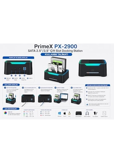 Px-2900 Sata 2.5/3.5 İnç Hdd Ssd Docking Station, Usb 3.0 Çift Slot Harici Disk Okuyucu, Rgb Işıklı Offline Clone Klonlama Özellikli Sata Disk Kopyalama Ve Veri Aktarım İstasyonu Px-2900 Sata 2.5/3.5 İnç Hdd Ssd Docking Station, Usb 3.0 Çift Slot Harici Disk Okuyucu, Rgb Işıklı Offline Clone Klonlama Özellikli Sata Disk Kopyalama Ve Veri Aktarım İstasyonu